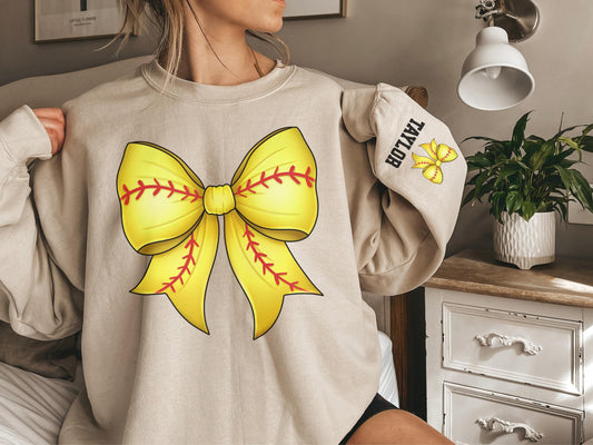 Softball Bow Sweatshirt with Custom Sleeve Design