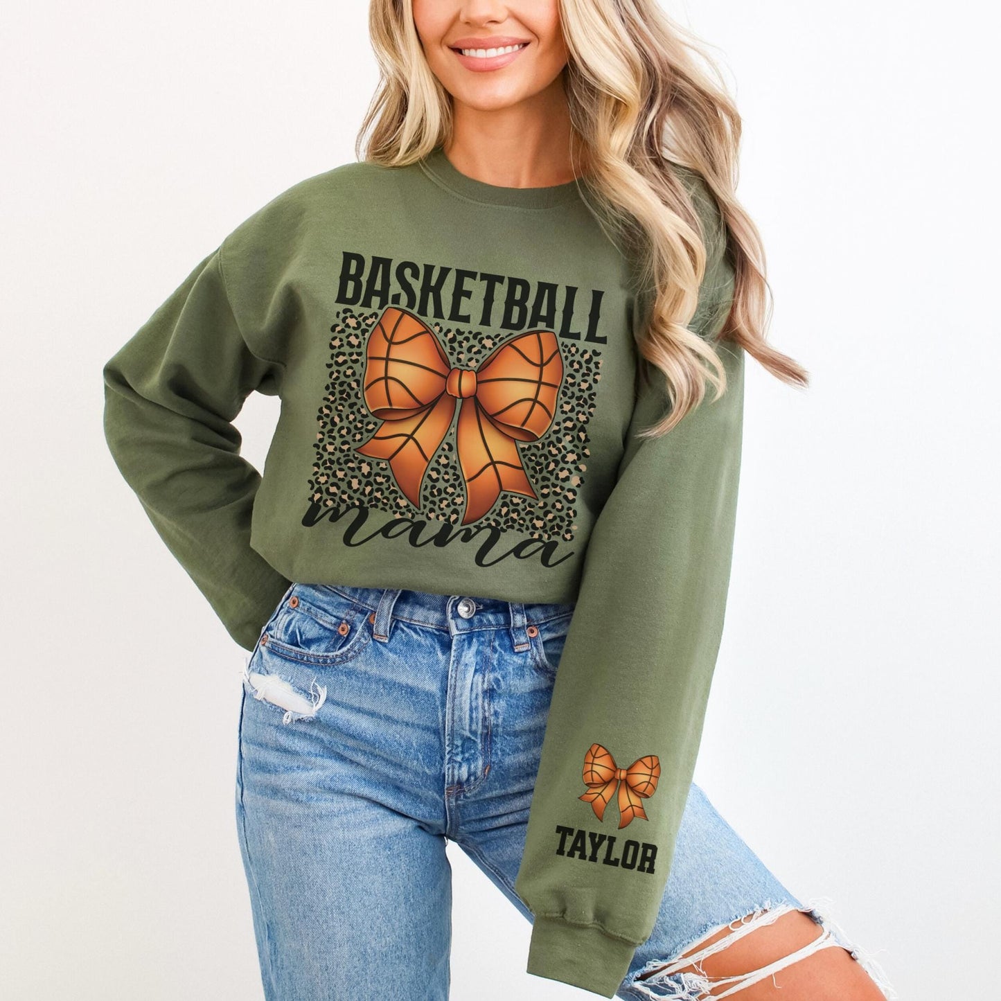 Basketball Mama Bow Sweatshirt with Personalized Sleeve