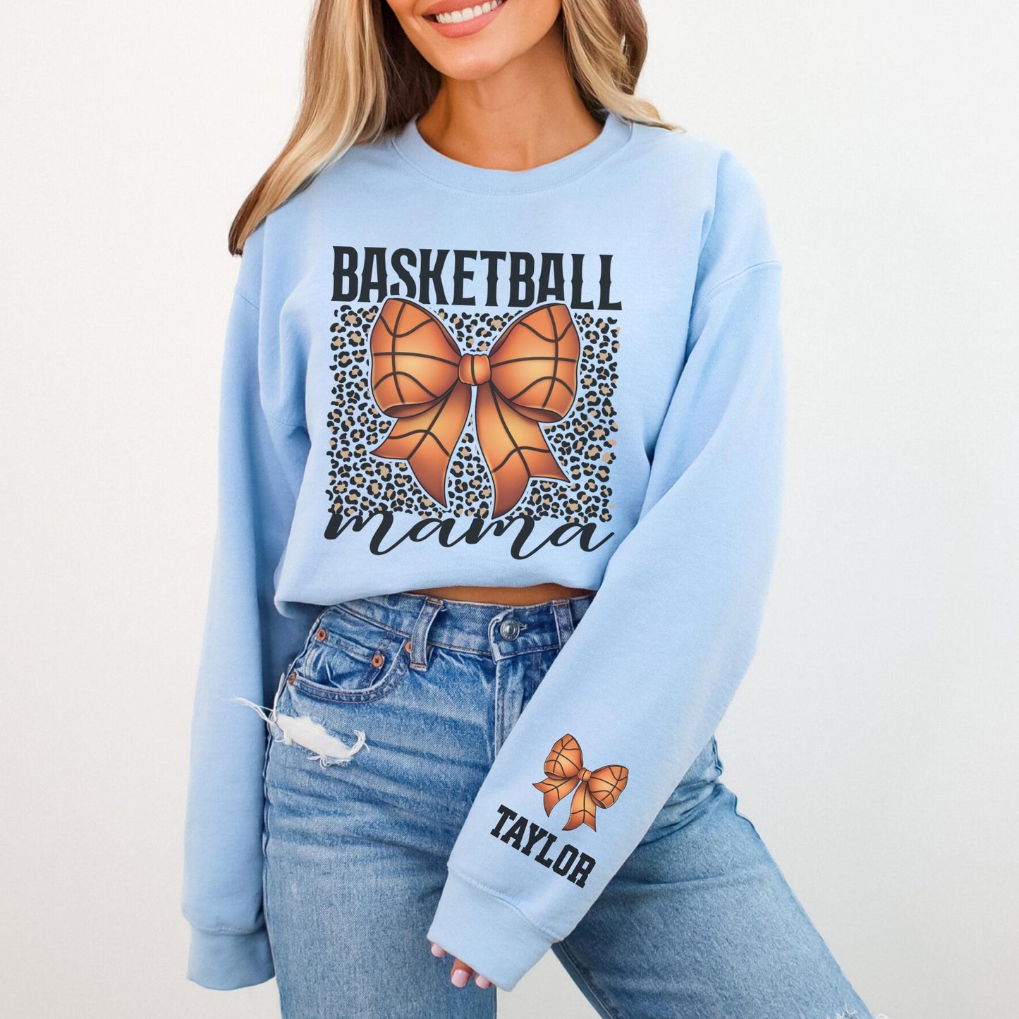 Basketball Mama Bow Sweatshirt with Personalized Sleeve