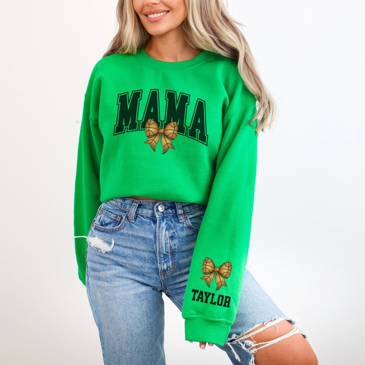 Basketball Mama Bow Sweatshirt with Personalized Sleeve