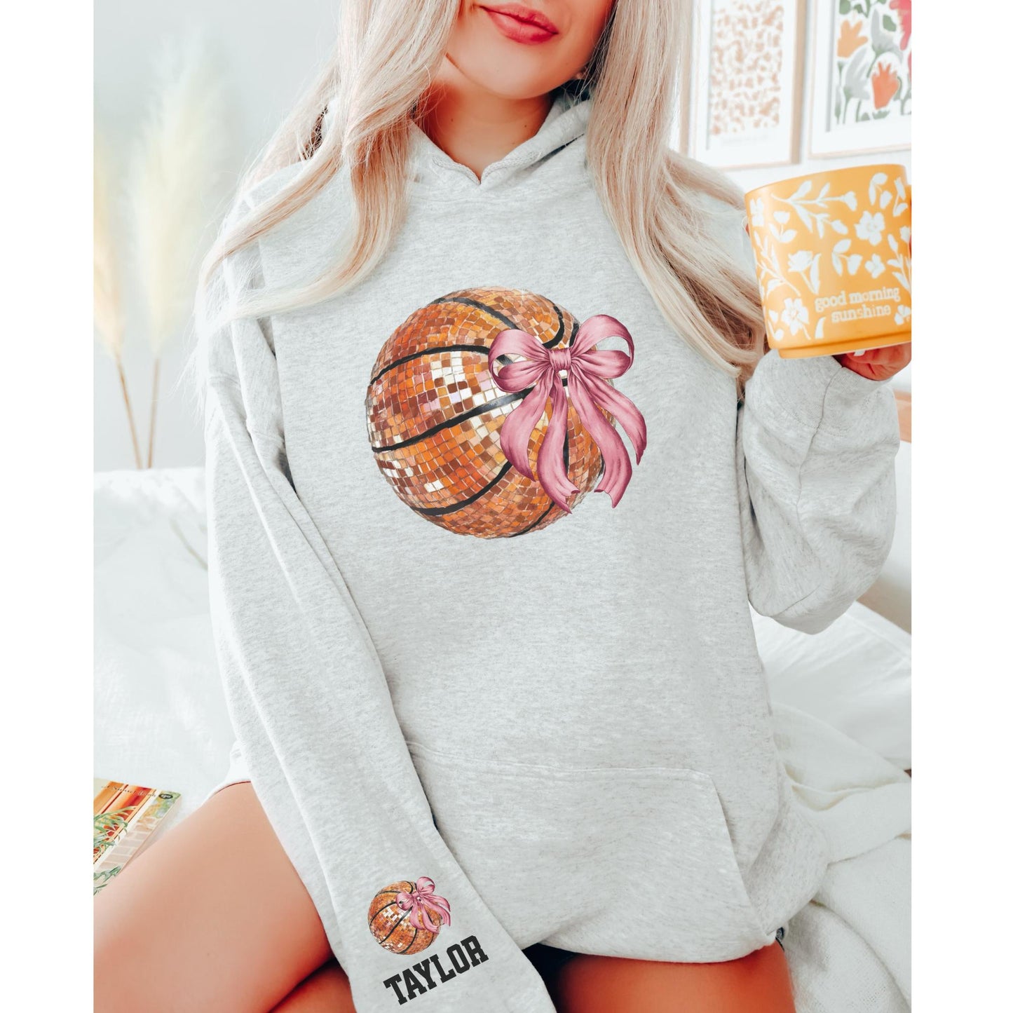 Basketball Disco Ball Bow Sweatshirt with Personalized Sleeve Design