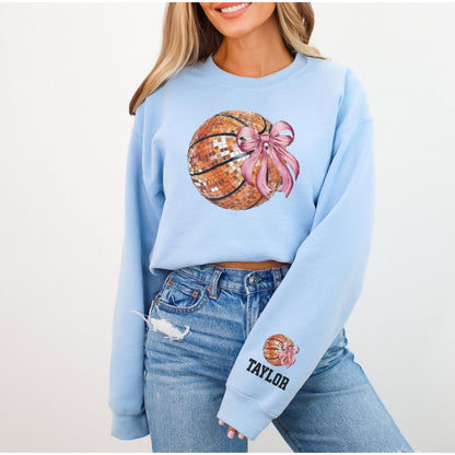 Basketball Disco Ball Bow Sweatshirt with Personalized Sleeve Design