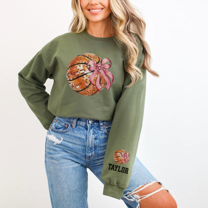 Basketball Disco Ball Bow Sweatshirt with Personalized Sleeve Design