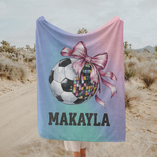 Personalized Name Soccer Disco Ball Bow Blanket