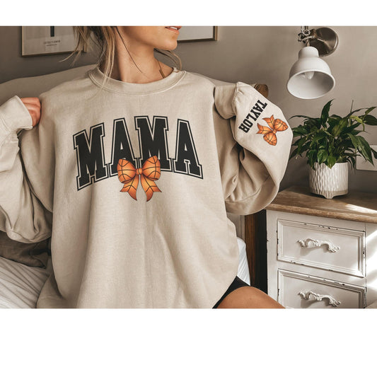 Basketball Mama Bow Sweatshirt with Personalized Sleeve