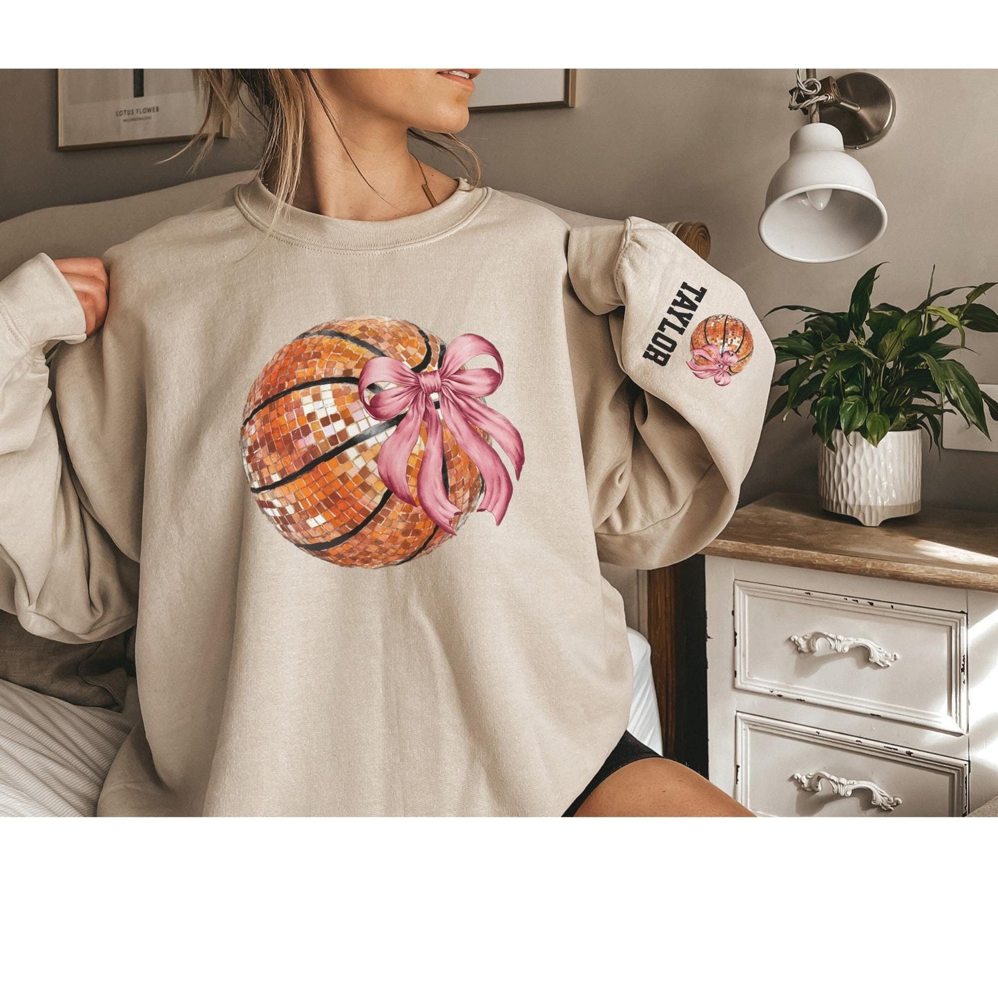 Basketball Disco Ball Bow Sweatshirt with Personalized Sleeve Design