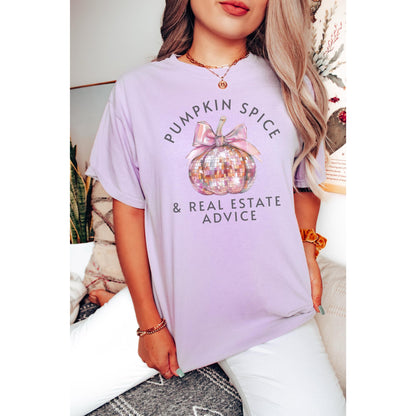 Pumpkin Spice and Real Estate Advice, Real Estate Halloween Shirt, Coquette Pumpkin Disco Bow, Comfort Colors, Funny Real Estate T-shirt