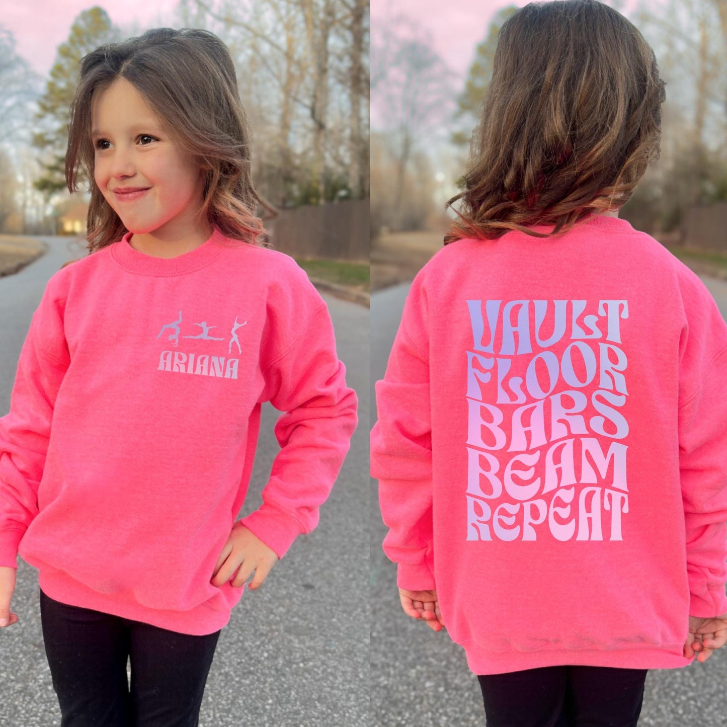 Personalized Name Gymnastics Vault Floor Bars Beam Repeat Sweatshirt