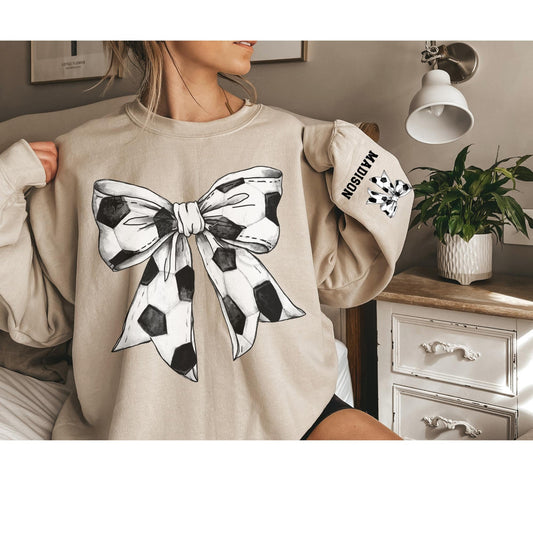 Soccer Bow Sweatshirt with Personalized Sleeve Design