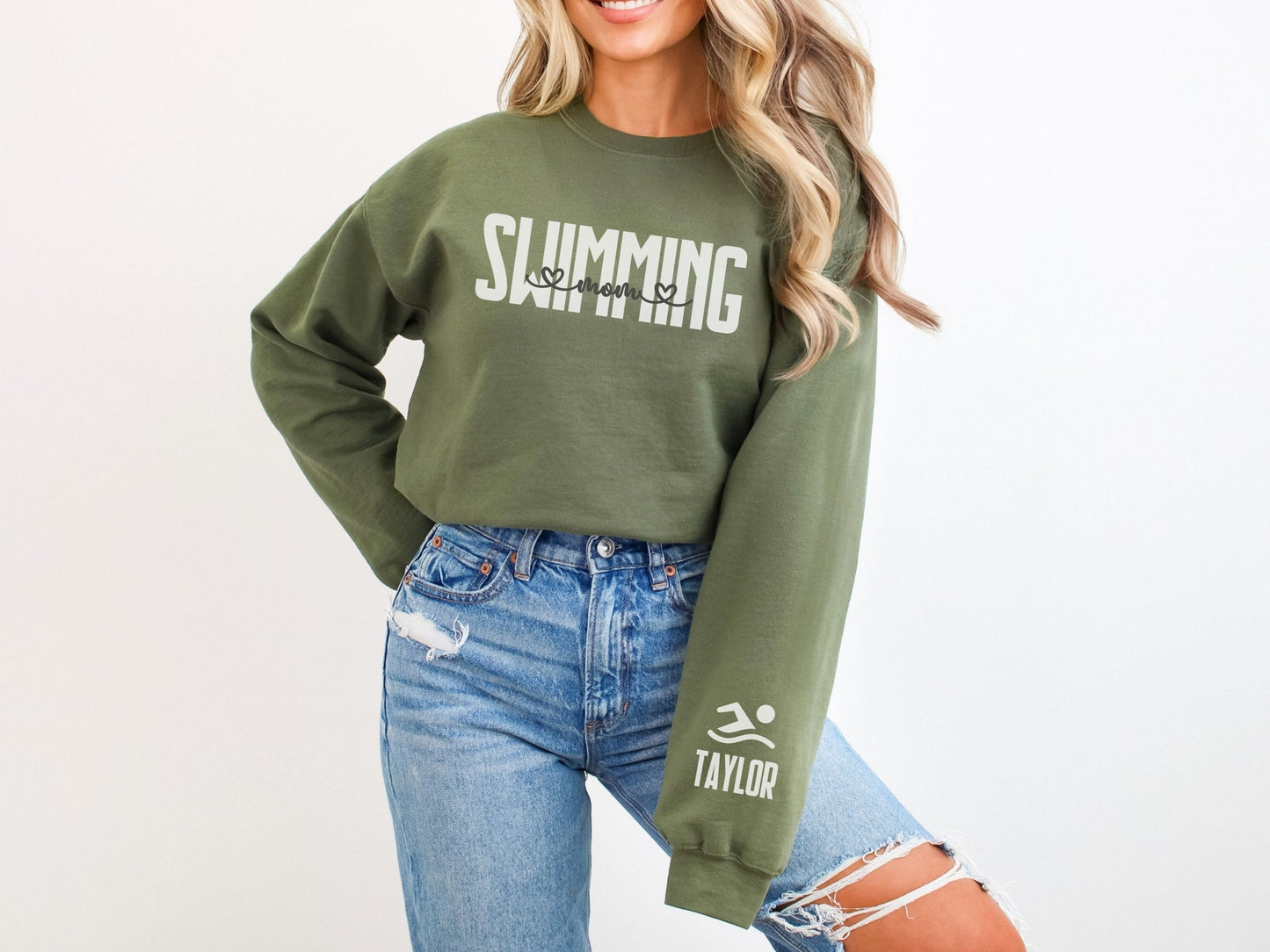 Swim Mom Sweatshirt with Custom Sleeve Design