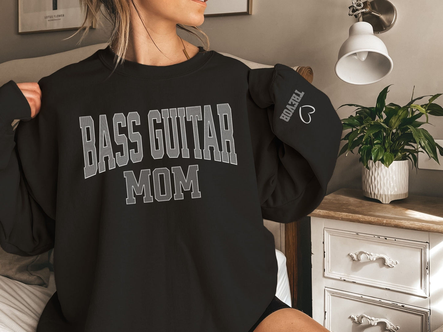 Bass Guitar Mom Sweatshirt with Custom Sleeve Design