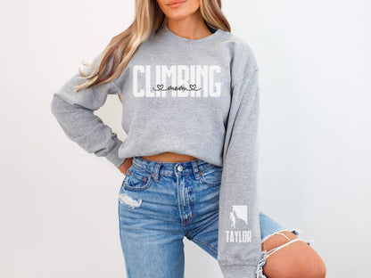 Rock Climbing Mom Sweatshirt with Custom Sleeve Design