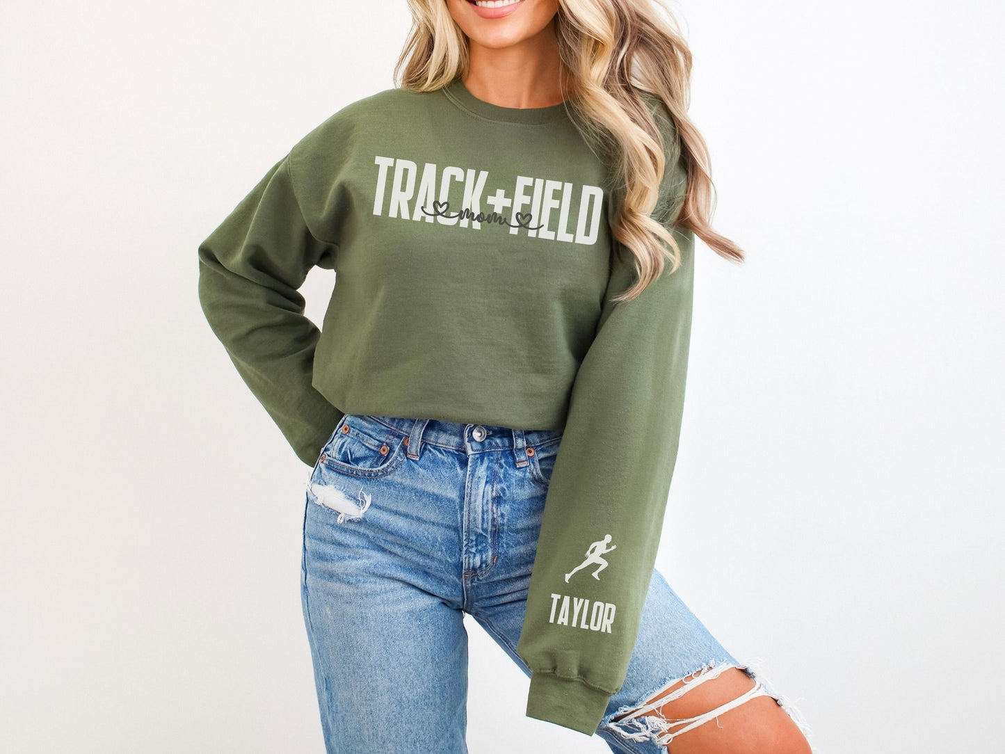 Track and Field Mom Sweatshirt with Custom Sleeve Design