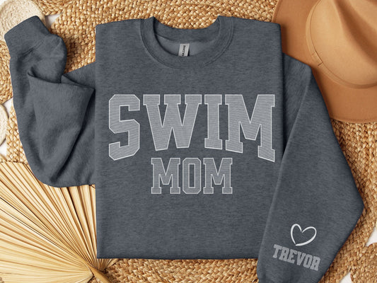 Swim Mom Sweatshirt with Custom Sleeve Design